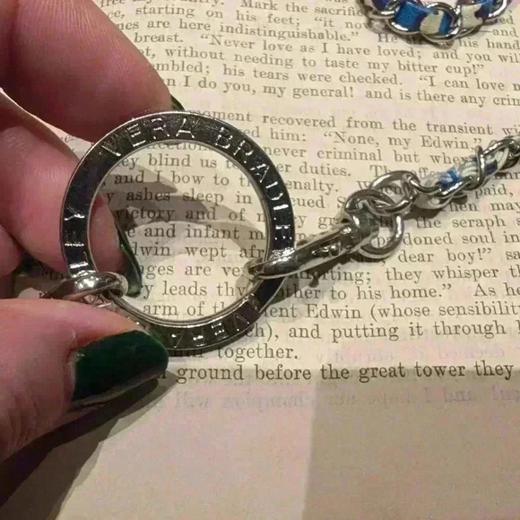 Vera Bradley necklace silvertone with blue and white fabric woven into the chain - Picture 2 of 5